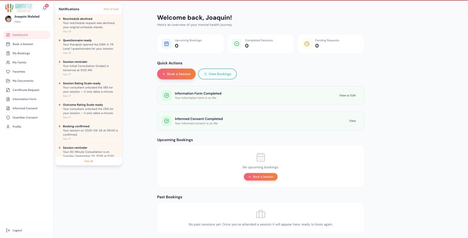 GrayMatters Philippines — Client portal dashboard with notifications
