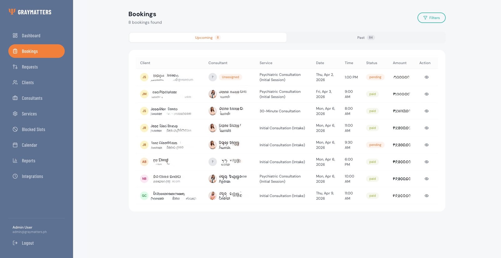 GrayMatters Philippines — Admin Bookings