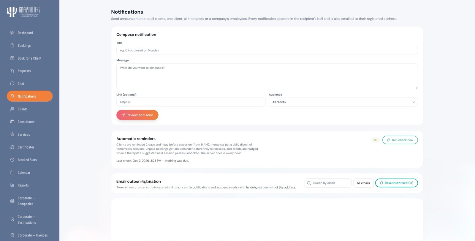 GrayMatters Philippines — Admin notifications and automatic reminders
